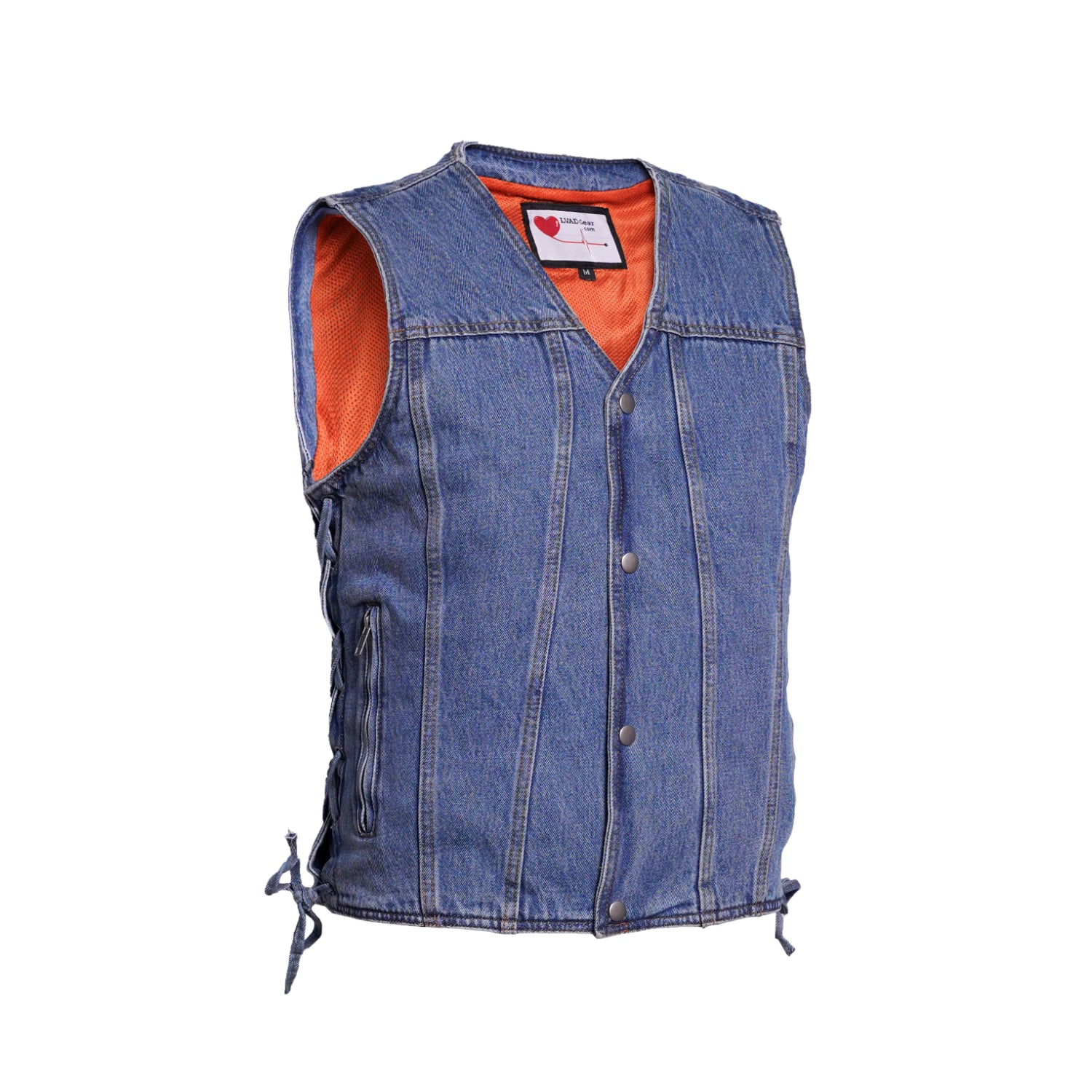 Men’s LVAD HeartMate blue denim vest with side lacing and interior battery pockets